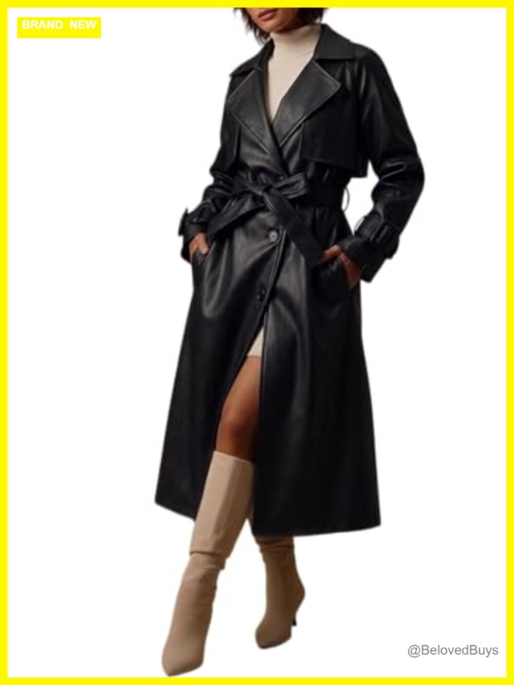 Women's Faux Leather Belted Trench Coat Long Sleeve Windproof Outerwear